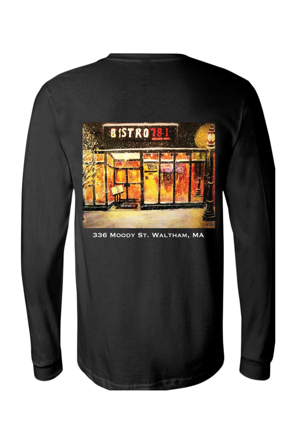 Black long-sleeve cotton t-shirt featuring a Bistro 781 storefront painting with Waltham, MA text on the back.