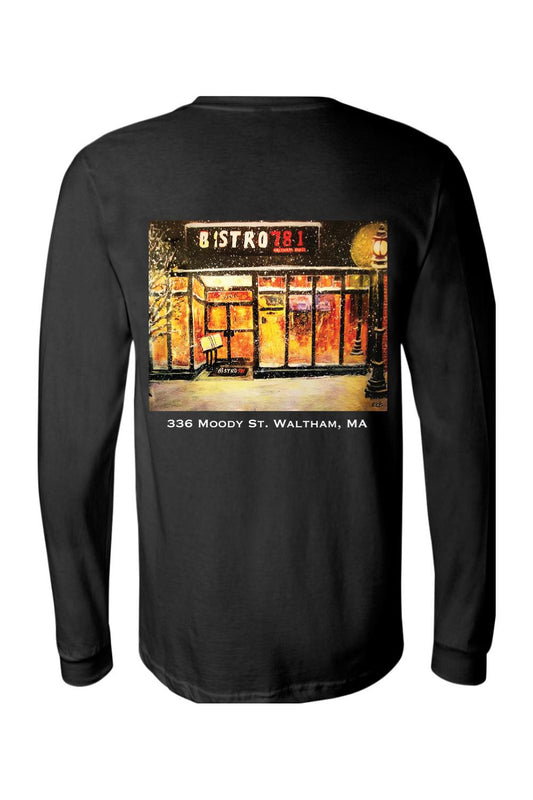 Black long-sleeve cotton t-shirt featuring a Bistro 781 storefront painting with Waltham, MA text on the back.