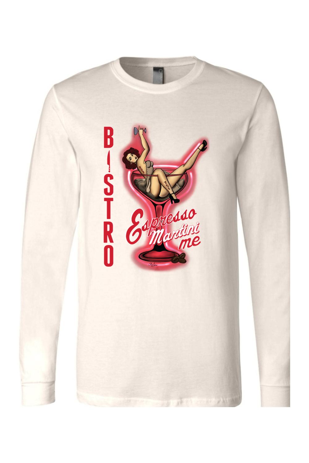 Cream long-sleeve cotton t-shirt featuring a pin-up girl graphic inside a neon martini glass with Espresso Martini Me text.