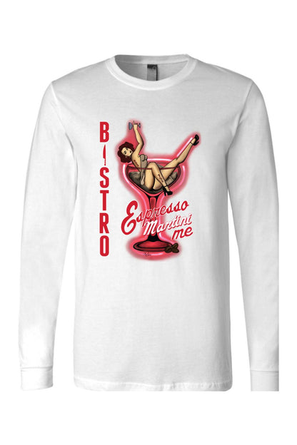 White long-sleeve cotton t-shirt featuring a pin-up girl graphic in a martini glass with Espresso Martini Me text.