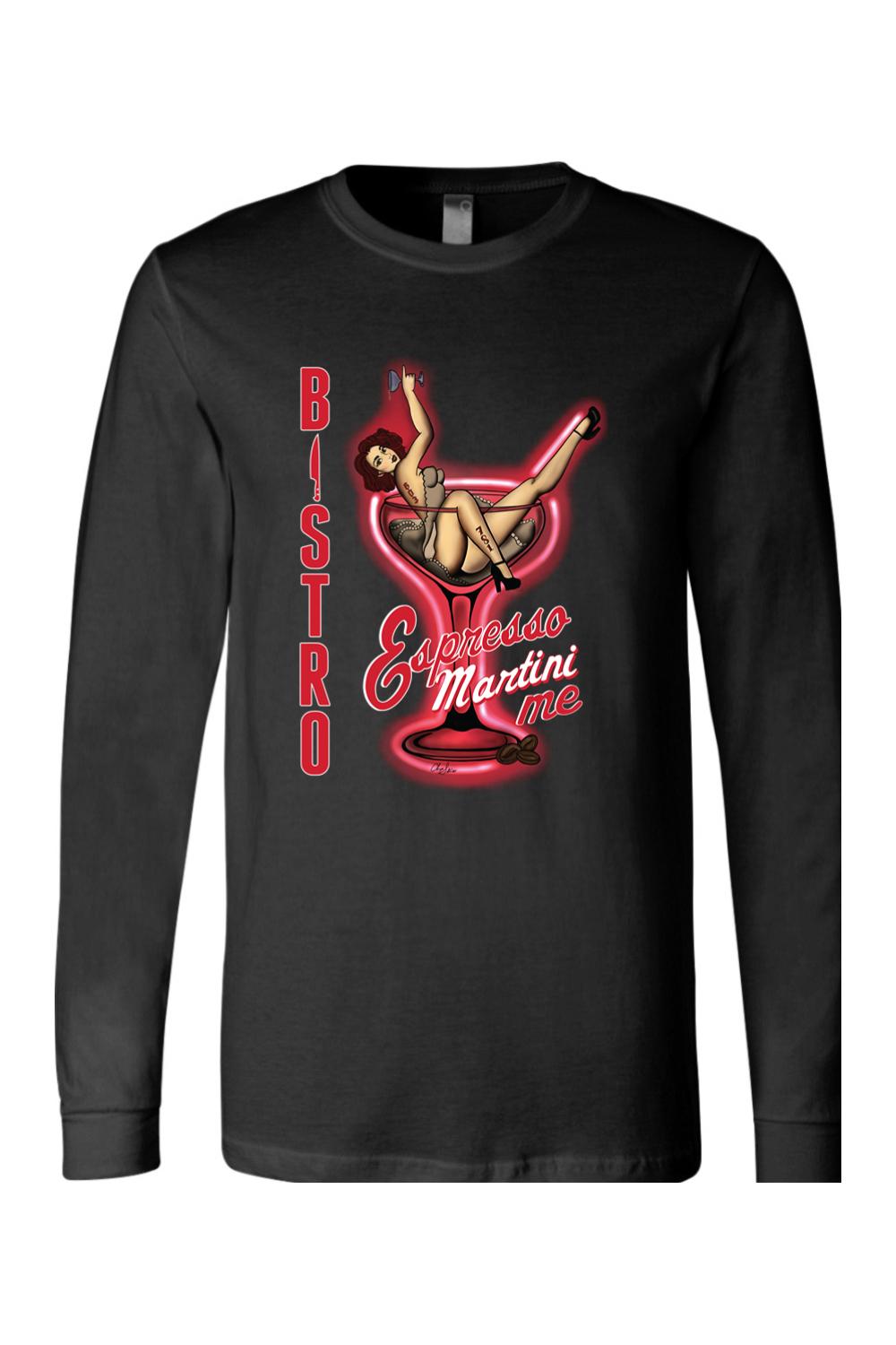 Black long-sleeve cotton t-shirt featuring a neon-style pin-up girl graphic in a martini glass with Bistro 781 branding.