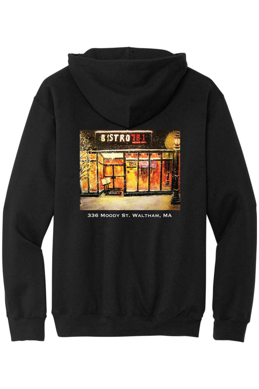 Black hooded sweatshirt featuring a Bistro 781 storefront graphic on the back with 336 Moody St. Waltham, MA text.