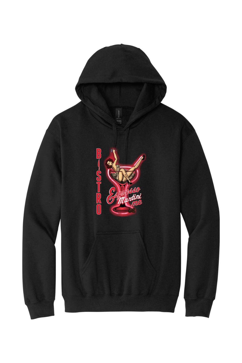 Black hooded sweatshirt featuring a red neon-style Espresso Martini graphic with a pin-up girl design.