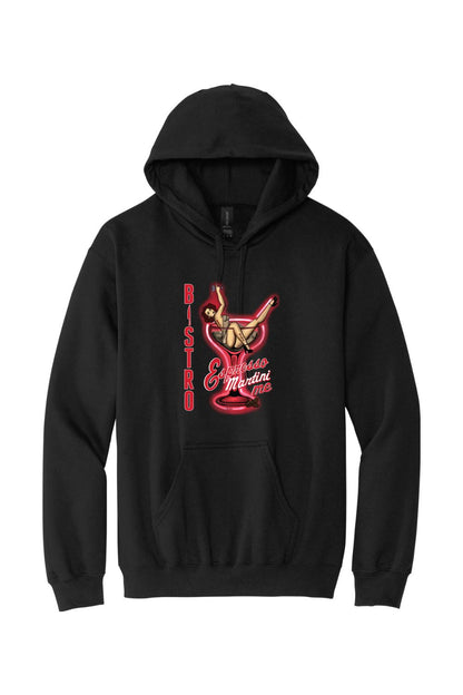 Black hooded sweatshirt featuring a red neon-style Espresso Martini graphic with a pin-up girl design.