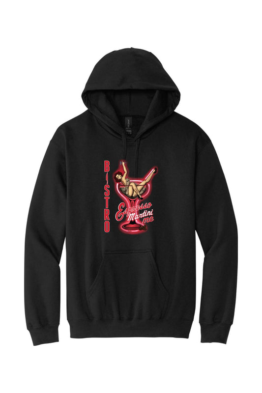 Black hooded sweatshirt featuring a red neon-style Espresso Martini graphic with a pin-up girl design.