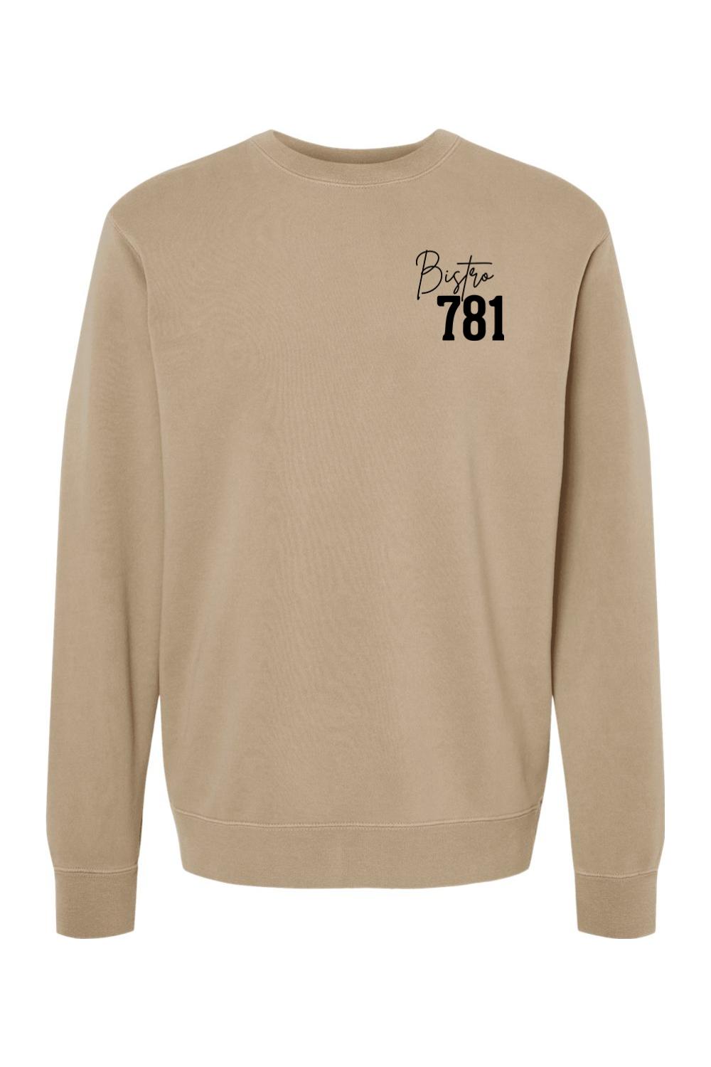 Tan pigment-dyed crewneck sweatshirt with black Bistro 781 logo on the chest, made from a soft cotton-blend fabric.