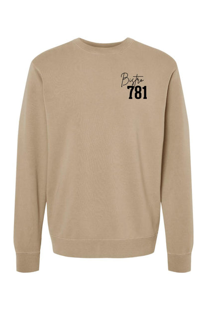 Tan pigment-dyed crewneck sweatshirt with black Bistro 781 logo on the chest, made from a soft cotton-blend fabric.