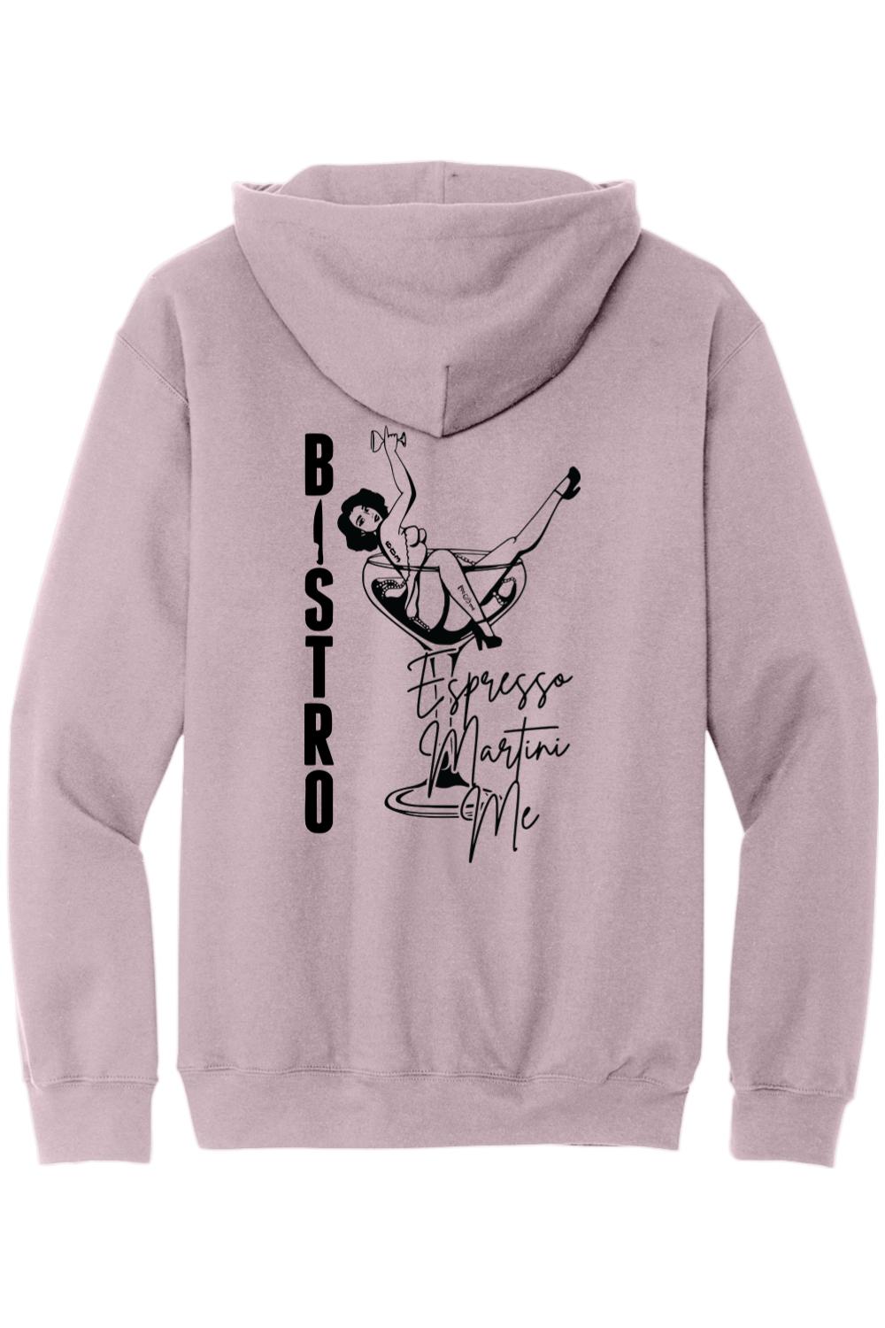 Mauve cotton-blend hoodie featuring a black Bistro Espresso Martini pin-up graphic on the back.