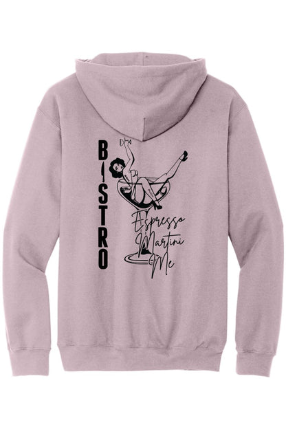 Mauve cotton-blend hoodie featuring a black Bistro Espresso Martini pin-up graphic on the back.