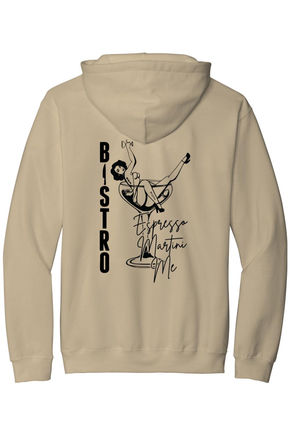 Beige cotton-blend hoodie featuring a black Espresso Martini graphic with a pin-up girl design on the back.
