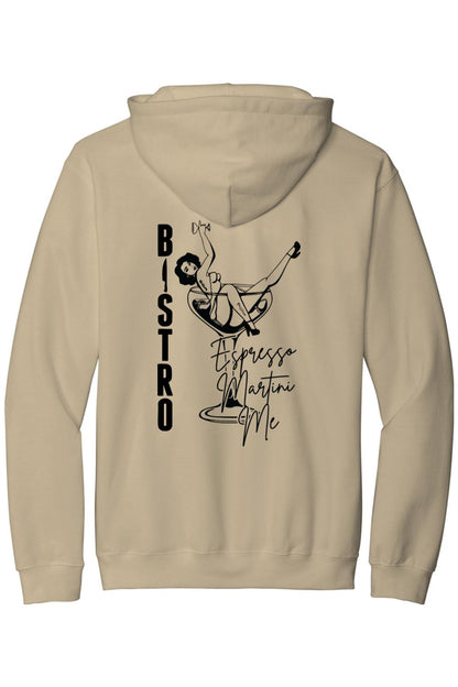 Beige cotton-blend hoodie featuring a black Espresso Martini graphic with a pin-up girl design on the back.