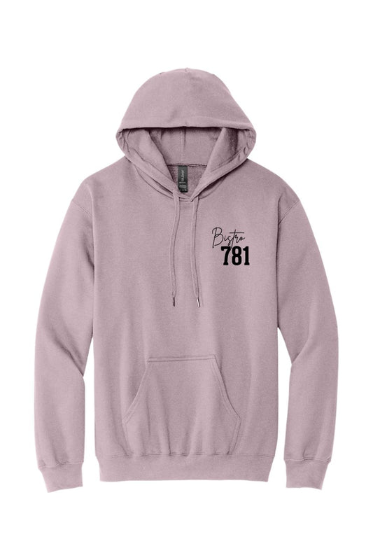 Mauve Bistro 781 cotton-blend hoodie with a drawstring hood, front pocket, and black chest logo.