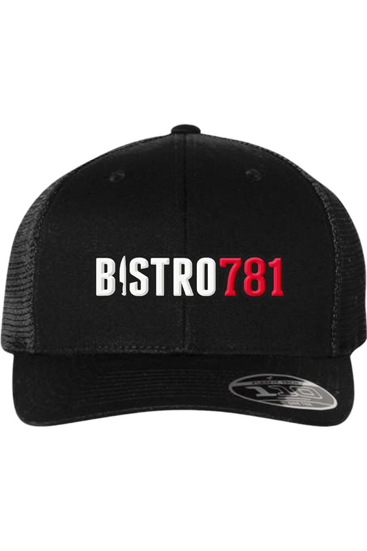 Black Bistro 781 Flexfit mesh-back cap with white and red embroidered logo on the front structured panel.