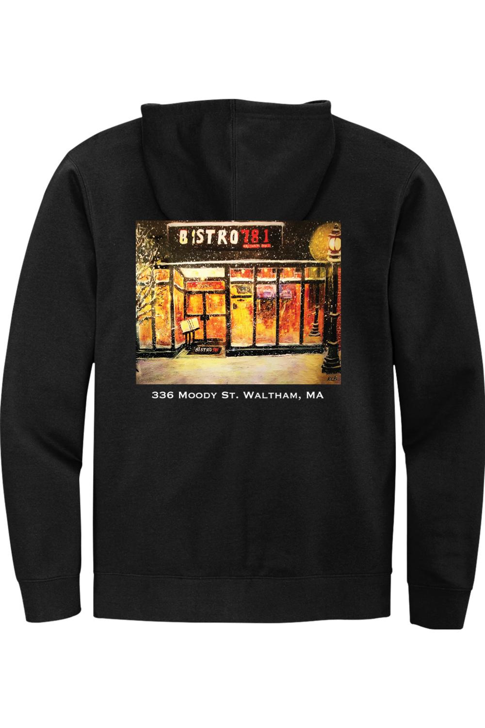 Black midweight full-zip hooded sweatshirt featuring a Bistro 781 painting print on the back.