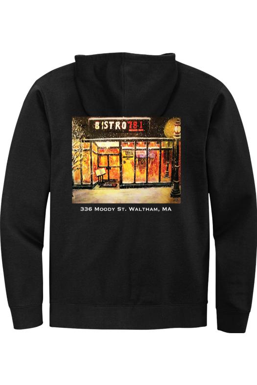 Black midweight full-zip hooded sweatshirt featuring a Bistro 781 painting graphic on the back.