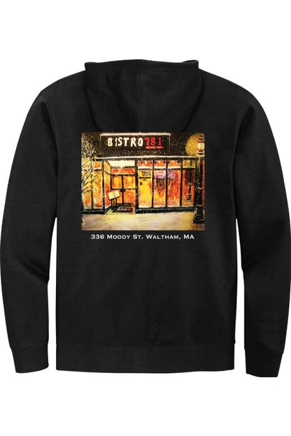 Black midweight full-zip hooded sweatshirt featuring a Bistro 781 painting graphic on the back.