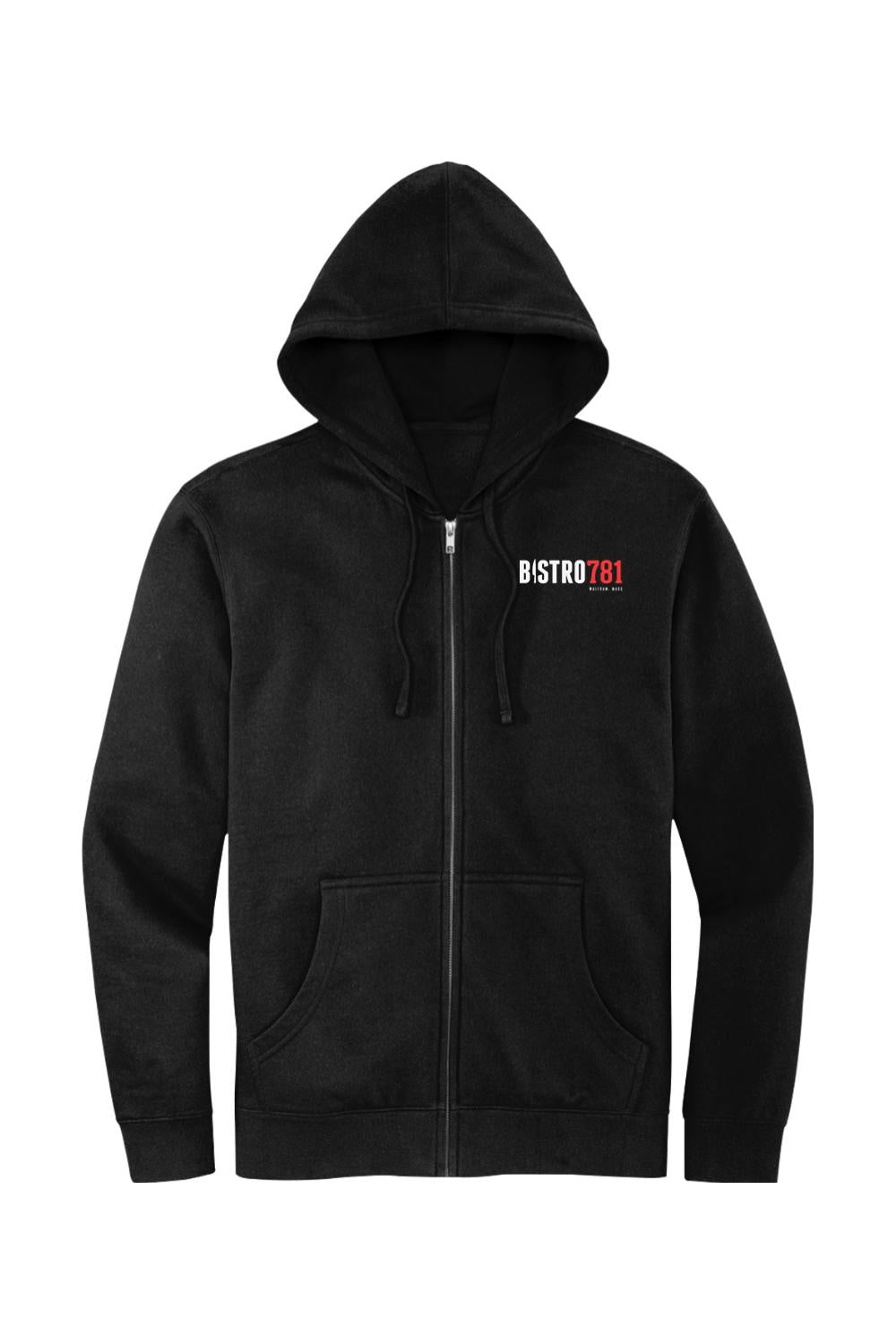 Black midweight cotton full-zip hooded sweatshirt with Bistro 781 logo on the chest and front pouch pockets.