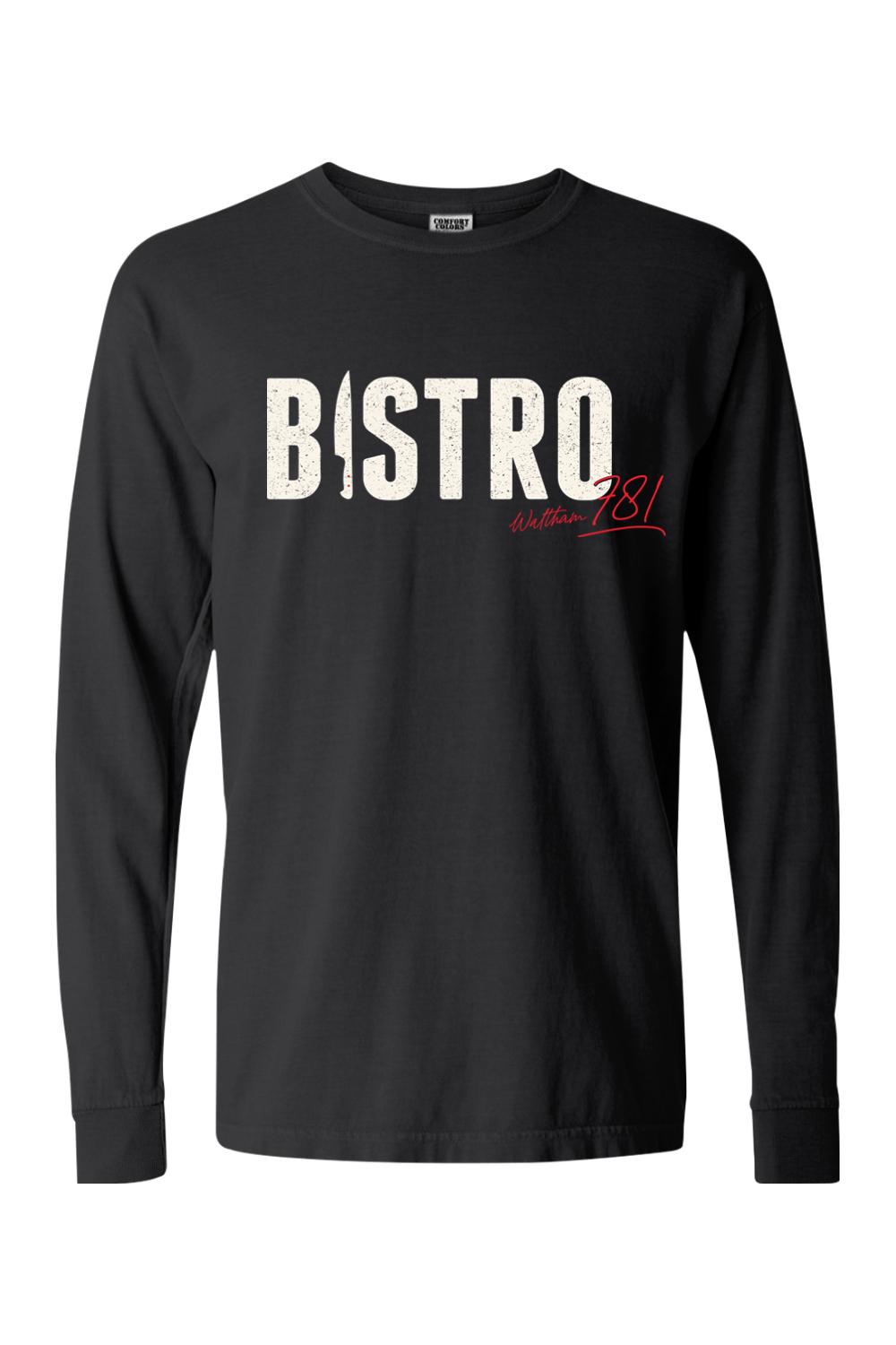 Black Comfort Colors long sleeve cotton t-shirt with white distressed Bistro 781 graphic and red script text.