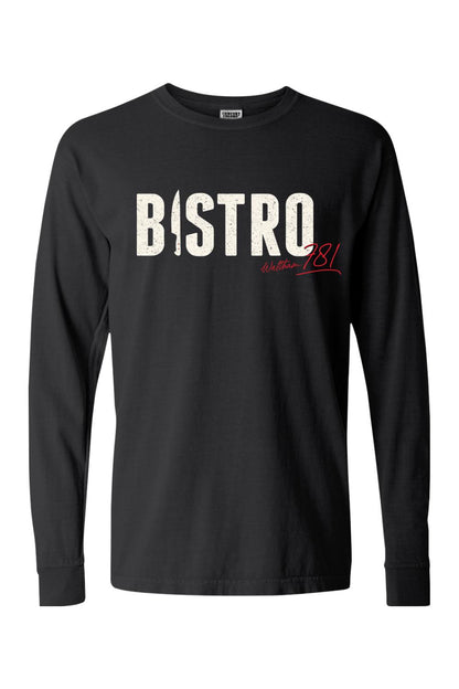 Black Comfort Colors long sleeve cotton t-shirt with white distressed Bistro 781 graphic and red script text.