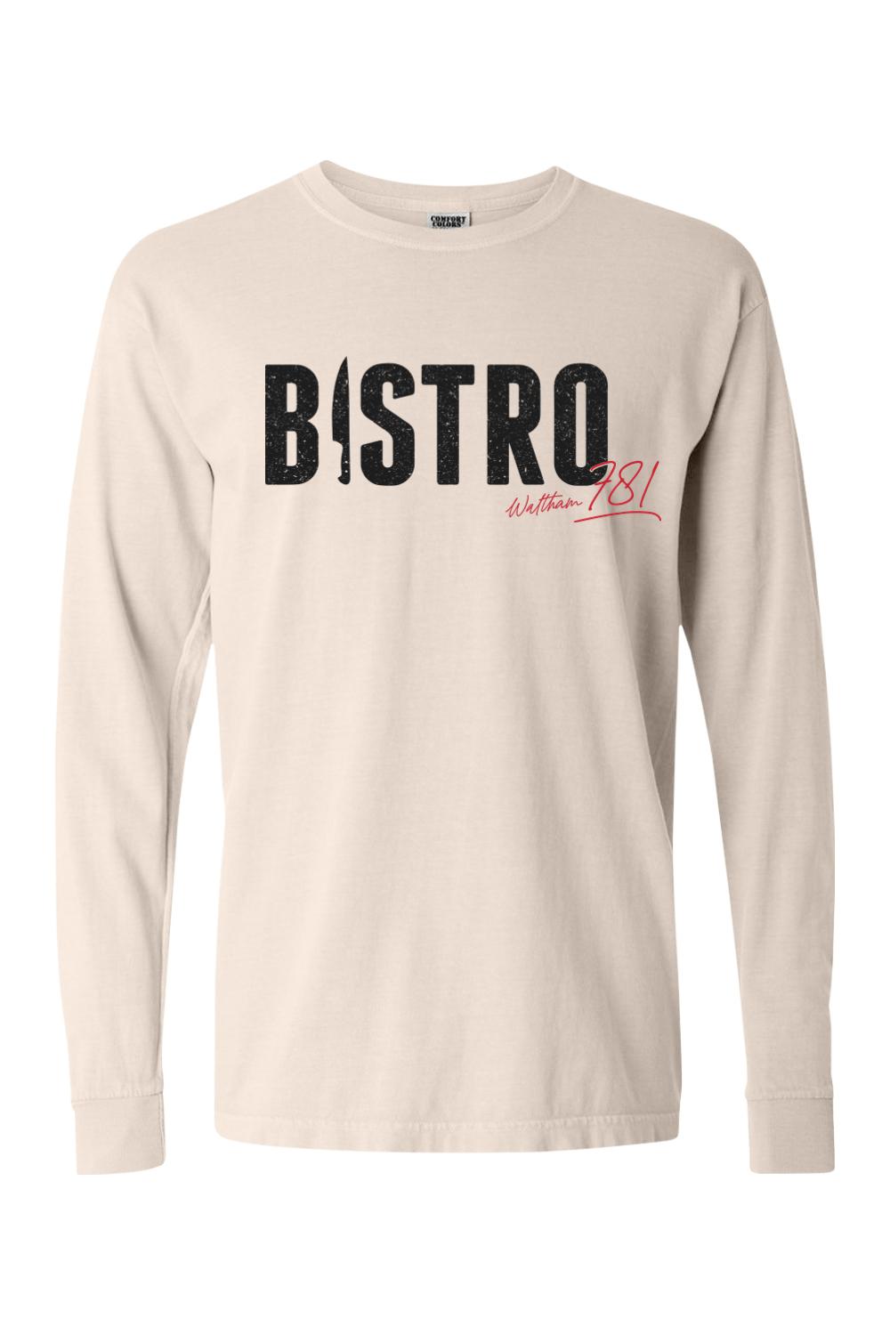 Beige Comfort Colors long sleeve cotton shirt featuring black Bistro 781 logo with a knife icon and red script text.