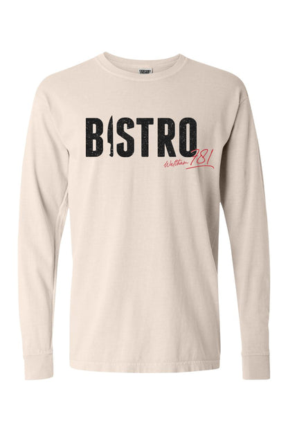 Beige Comfort Colors long sleeve cotton shirt featuring black Bistro 781 logo with a knife icon and red script text.