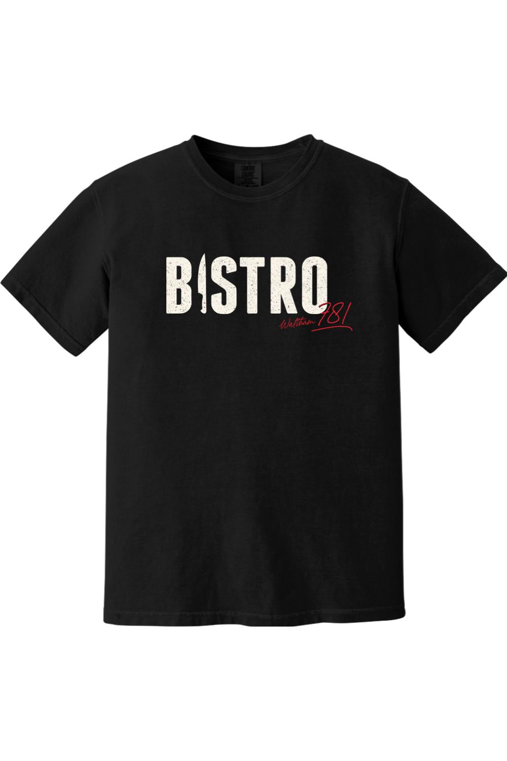 Black Comfort Colors ringspun cotton t-shirt featuring white BISTRO text with a knife icon and red script detail.