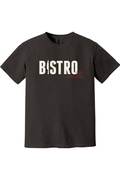 Charcoal grey Comfort Colors cotton t-shirt featuring a white distressed BISTRO logo and red Waltham 781 script.