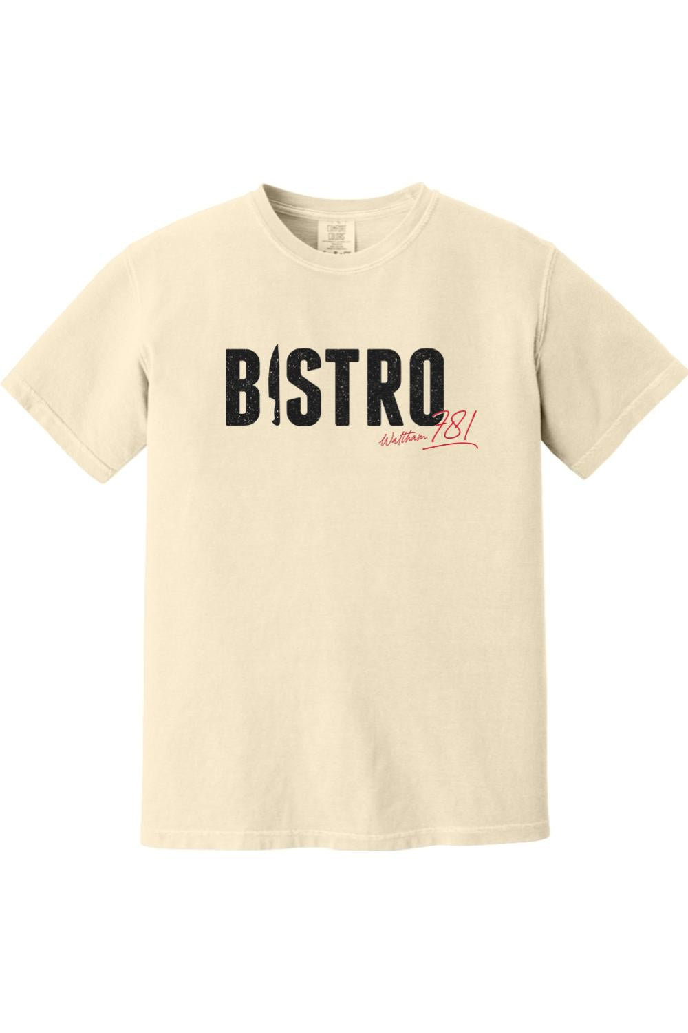 Cream-colored Comfort Colors ringspun cotton t-shirt featuring a black Bistro 781 graphic with red script accent.