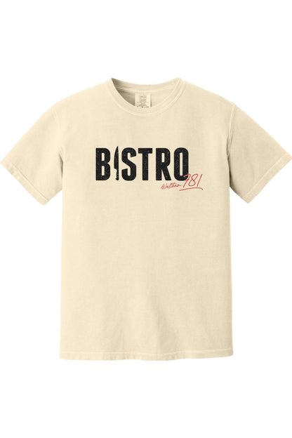 Cream-colored Comfort Colors ringspun cotton t-shirt featuring a black Bistro 781 graphic with red script accent.