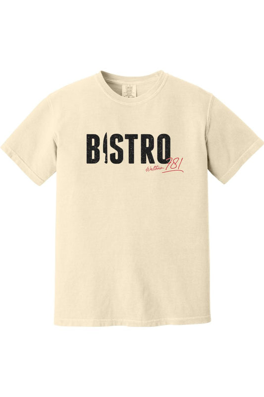 Cream-colored Comfort Colors ringspun cotton t-shirt featuring a black Bistro 781 graphic with red script accent.