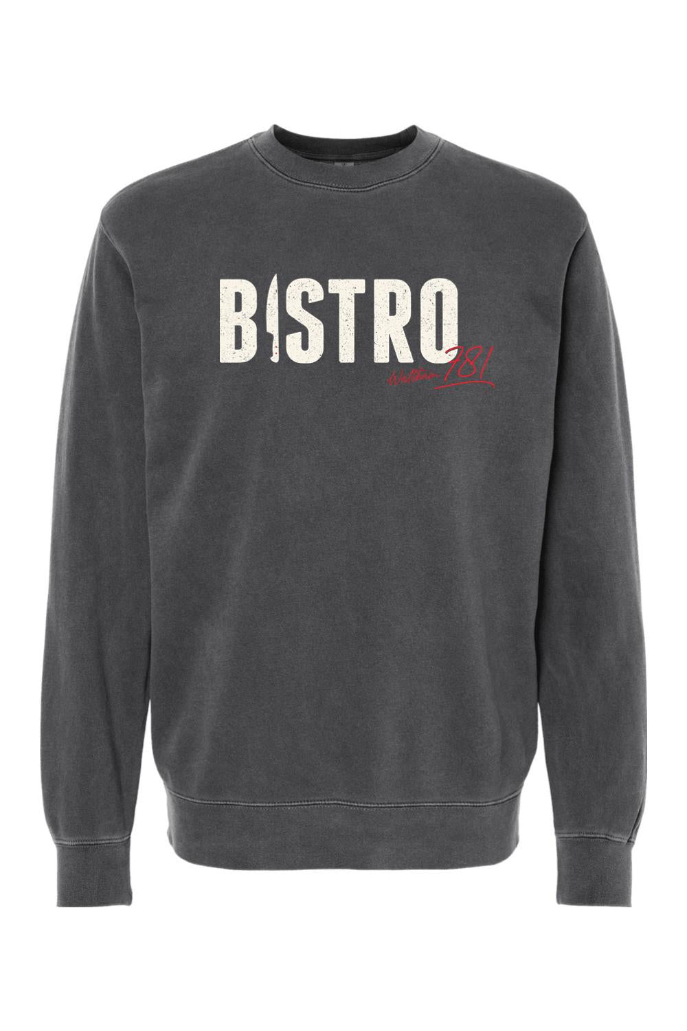 Charcoal pigment-dyed crewneck sweatshirt with white Bistro 781 script logo and red accent on a cotton-blend fabric.