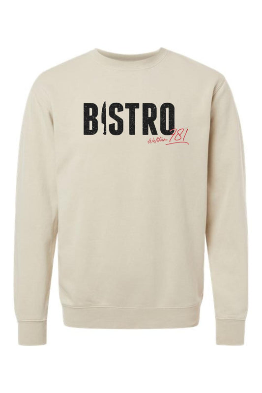 Beige pigment-dyed crewneck sweatshirt featuring a black Bistro 781 logo with red script text on the chest.