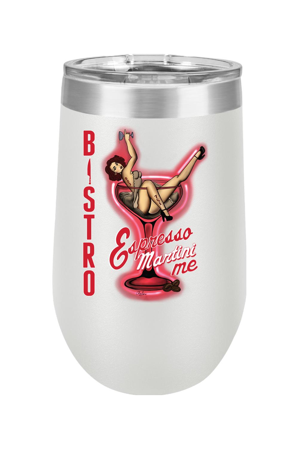 White 16oz stemless wine glass featuring a pin-up girl graphic, red Bistro text, and Espresso Martini Me lettering.