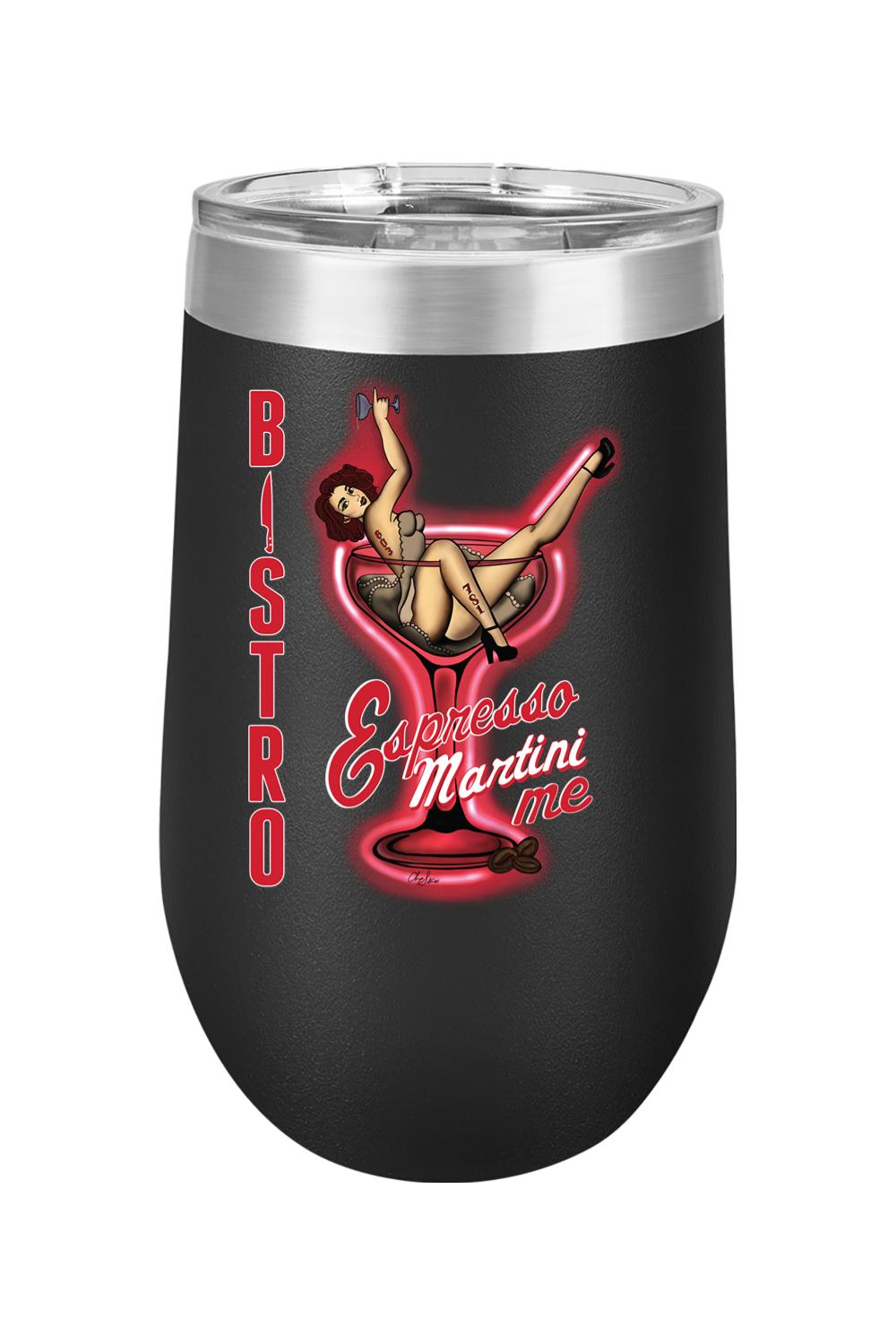 16oz black stemless wine glass featuring a pin-up girl inside a neon martini glass and Bistro Espresso Martini Me text.
