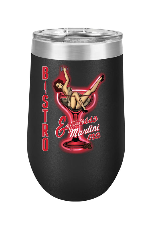 16oz black stemless wine glass featuring a pin-up girl inside a neon martini glass and Bistro Espresso Martini Me text.