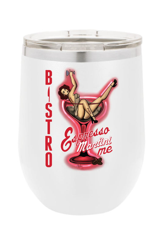 White double-walled wine tumbler featuring a pin-up girl inside a martini glass and Bistro Espresso Martini Me text.
