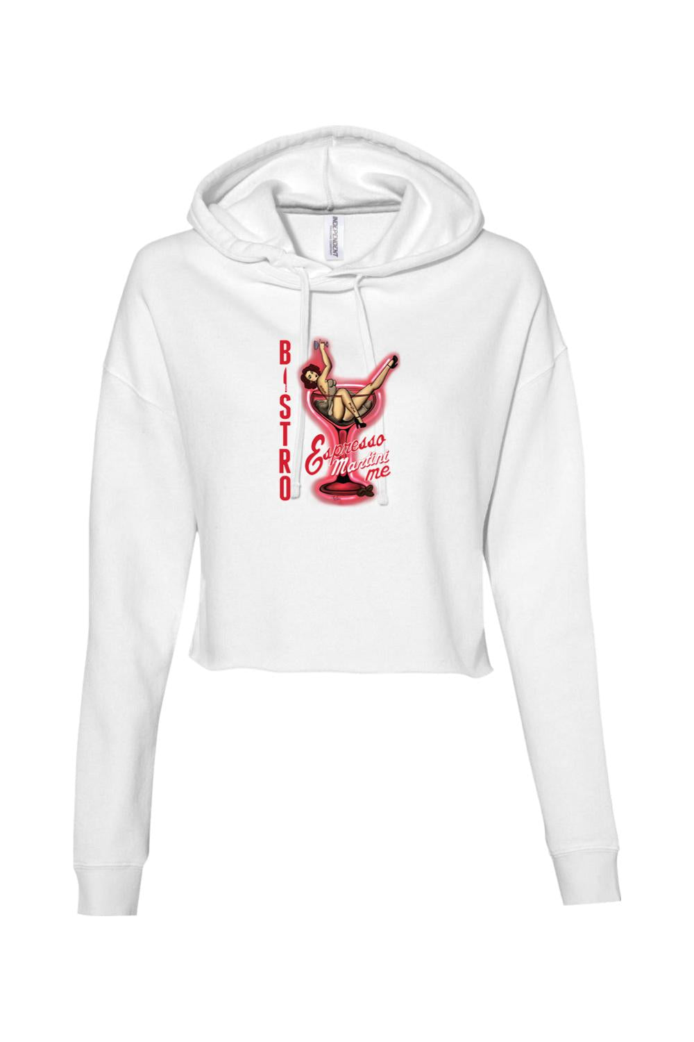White cropped hooded sweatshirt featuring a vintage pin-up graphic inside a red espresso martini glass.