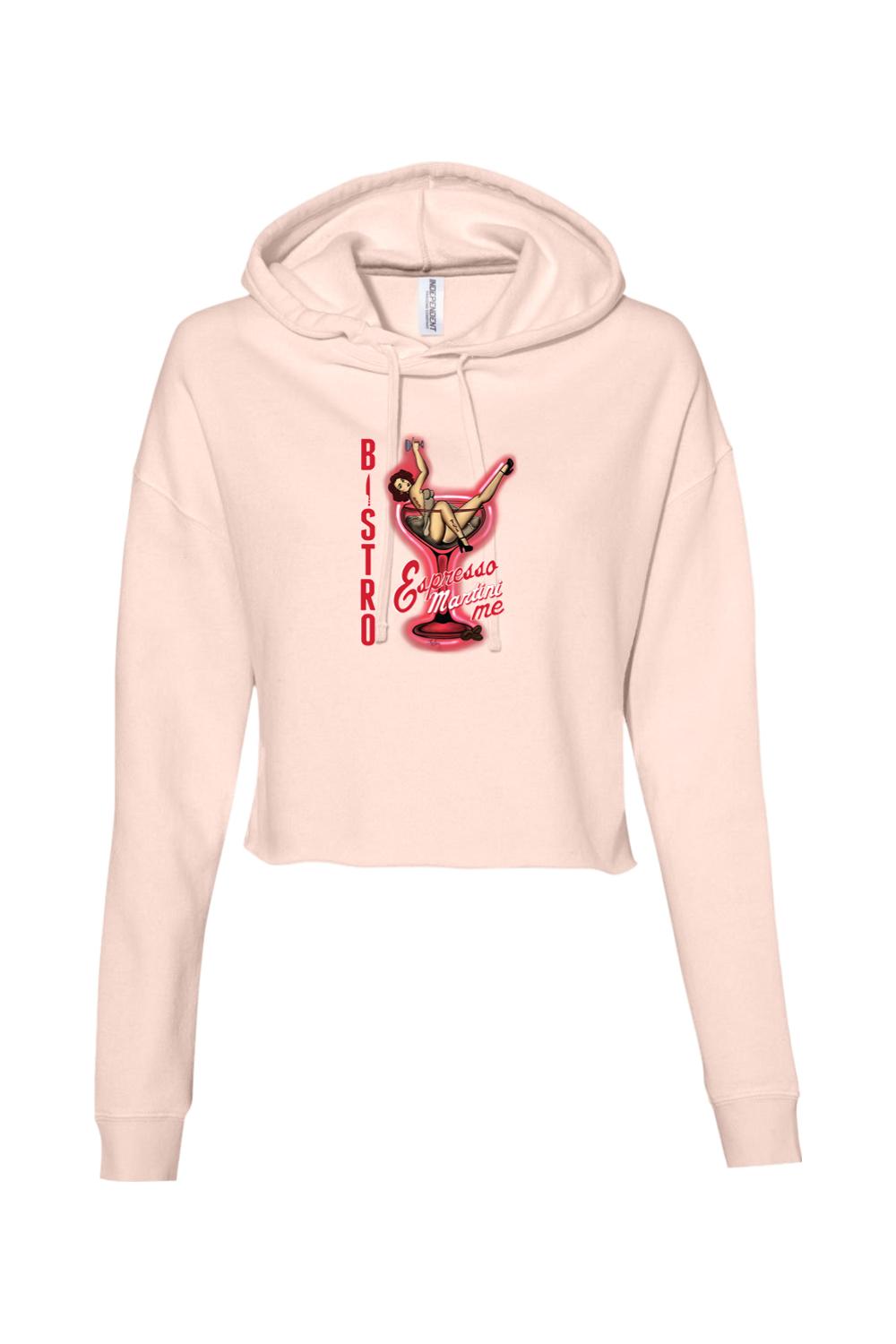 Light pink cropped hooded sweatshirt featuring a vintage pin-up graphic inside a martini glass design.