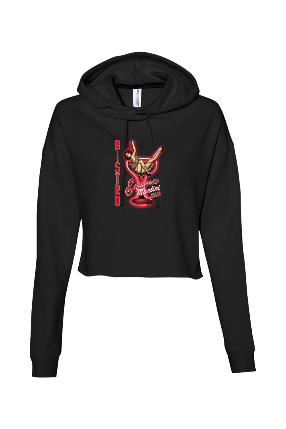 Black cropped hooded sweatshirt featuring a red neon-style Bistro Espresso Martini graphic on the front.