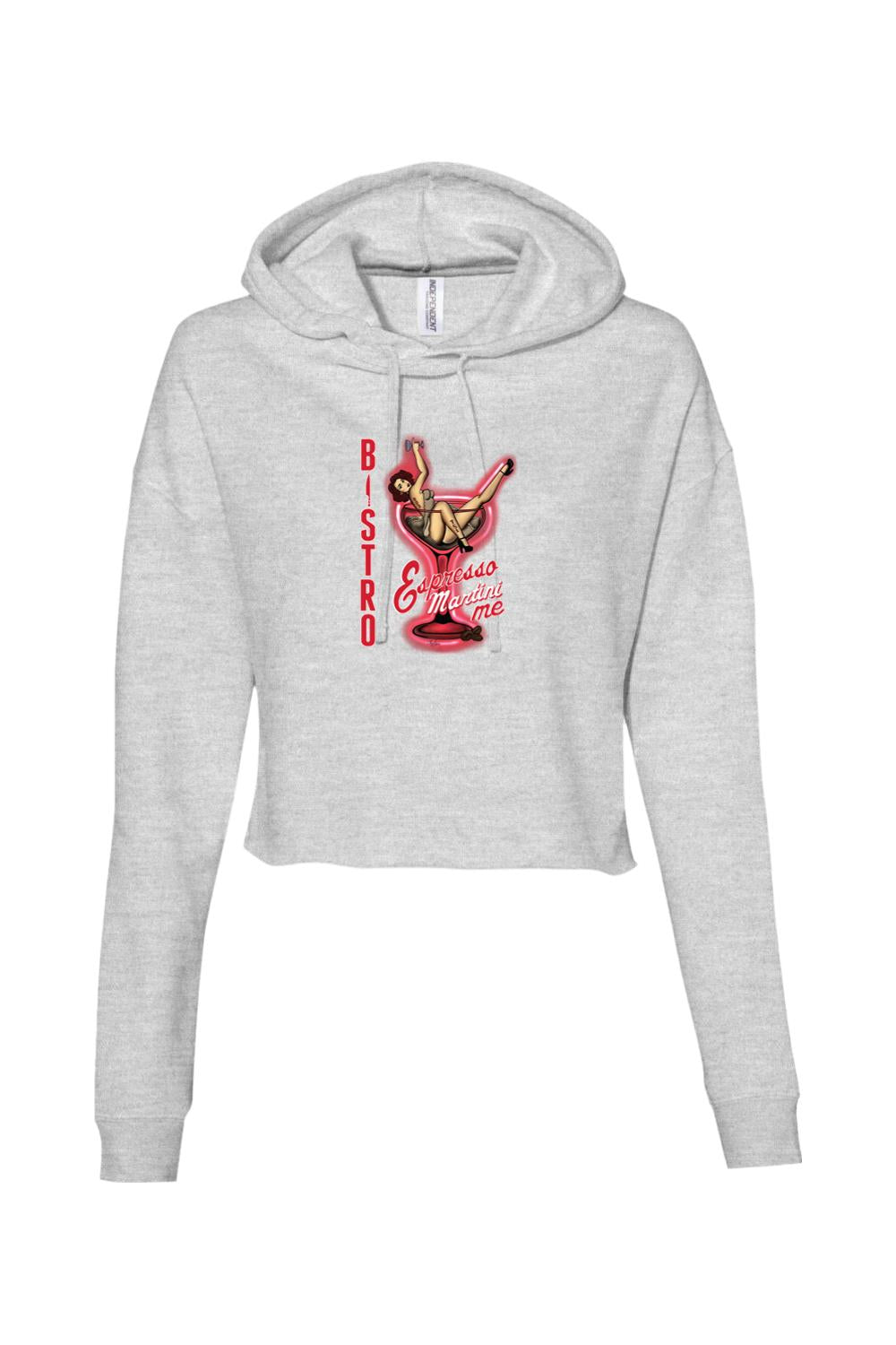 Light grey cropped hooded sweatshirt featuring a retro pin-up graphic inside a red martini glass with Bistro text.