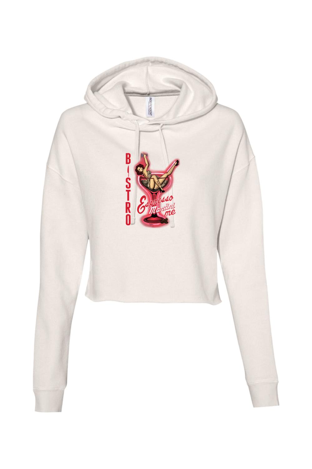 White cropped hooded sweatshirt featuring a vintage pin-up girl graphic inside a red espresso martini glass.
