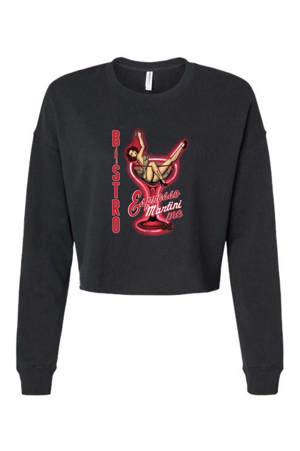 Black cropped fleece sweatshirt featuring a vintage pin-up girl inside a red martini glass graphic.