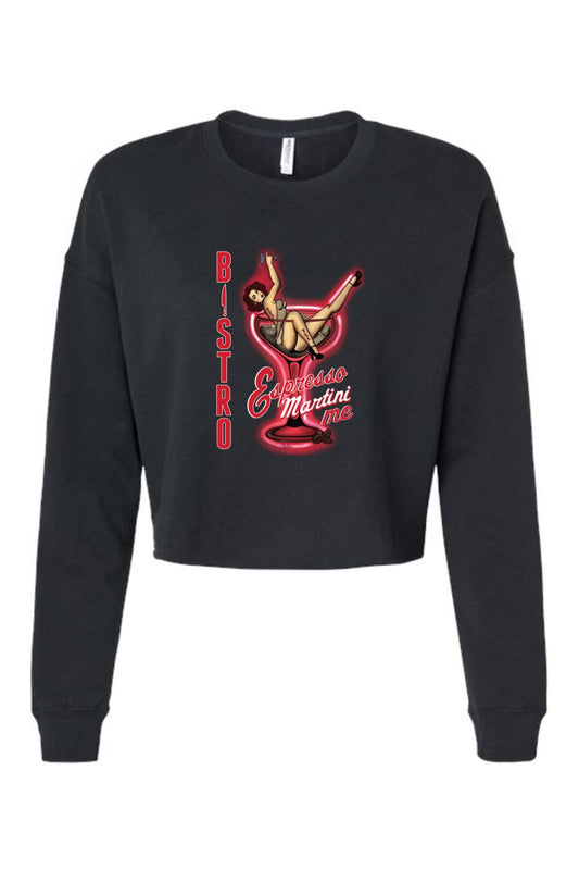 Black cropped fleece sweatshirt featuring a vintage pin-up girl inside a red martini glass graphic.