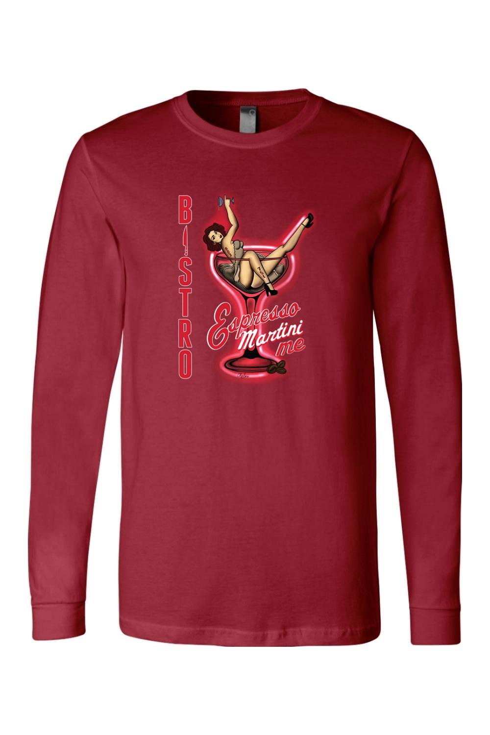 Red long-sleeve cotton tee featuring a pin-up girl graphic in a martini glass with Espresso Martini Me text.