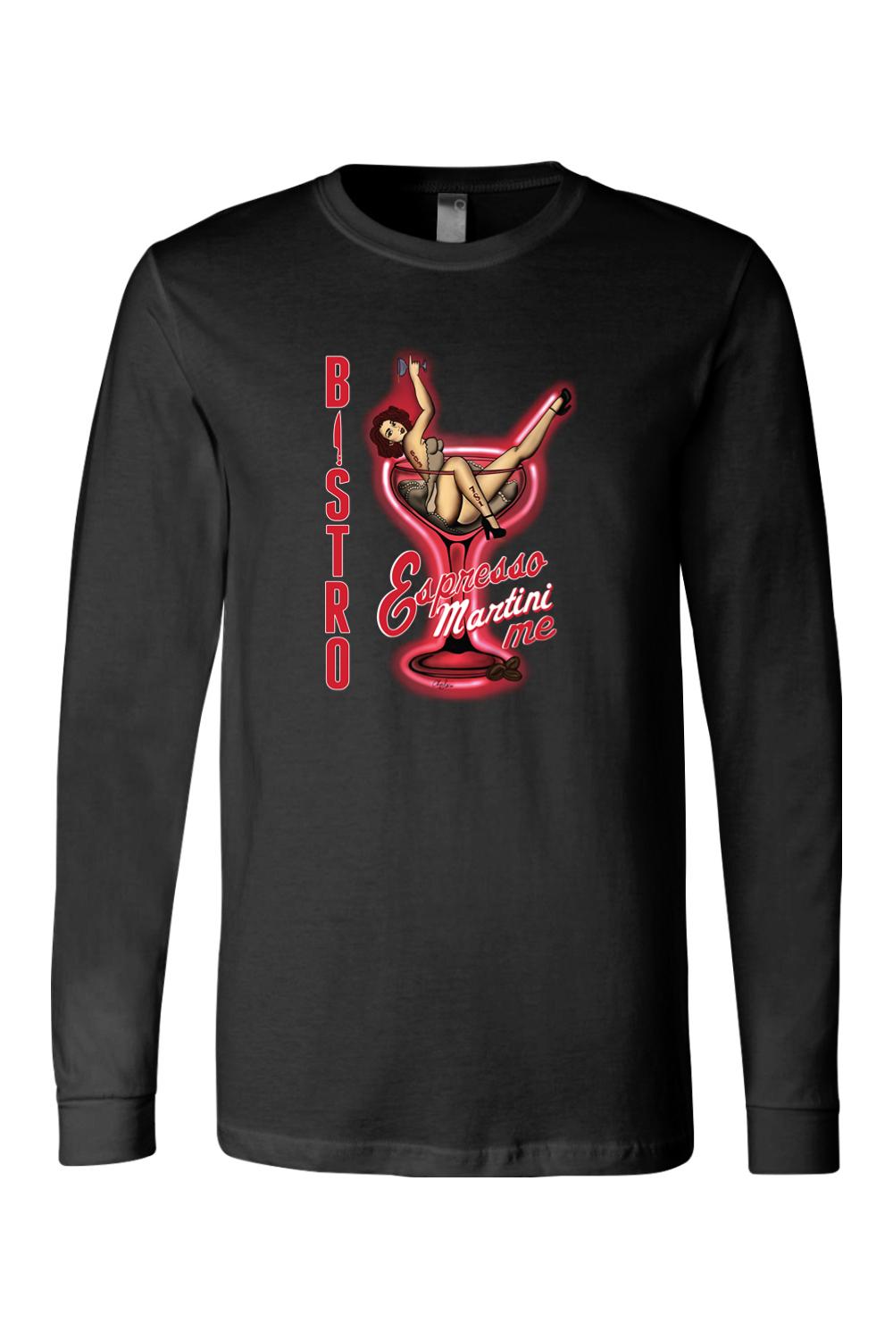 Black long-sleeve cotton jersey tee featuring a retro pin-up girl graphic inside a neon red espresso martini glass.