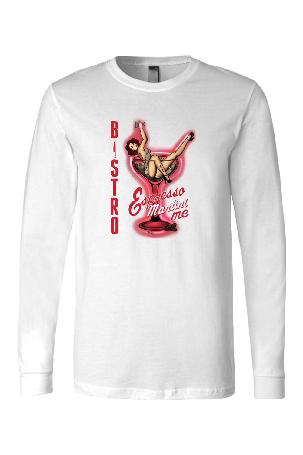White long-sleeve cotton jersey tee featuring a pin-up girl graphic inside a red espresso martini glass.