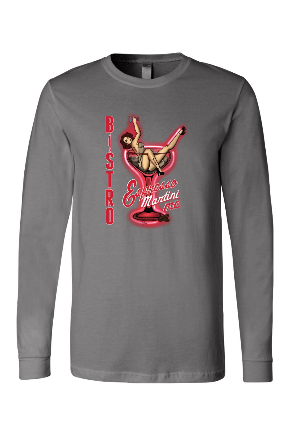 Grey long-sleeve cotton jersey tee featuring a pin-up girl inside a red espresso martini glass graphic.