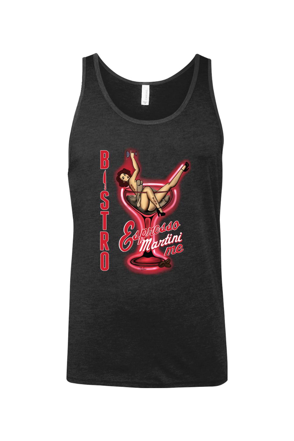 Charcoal grey cotton jersey tank top featuring a red neon martini glass graphic with a pin-up girl illustration.