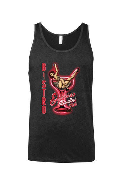 Charcoal grey cotton jersey tank top featuring a red neon martini glass graphic with a pin-up girl illustration.