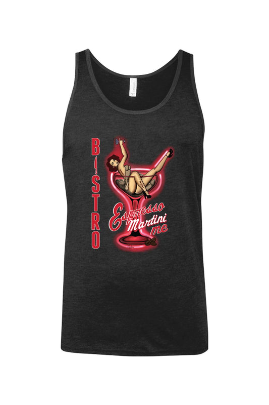 Charcoal grey cotton jersey tank top featuring a red neon martini glass graphic with a pin-up girl illustration.